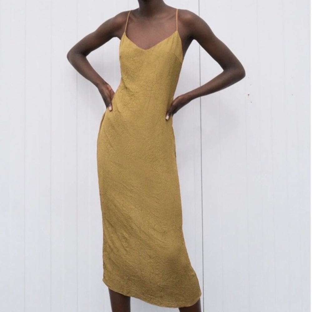 Zara Wrinkle Look Olive Green Maxi Dress Slit